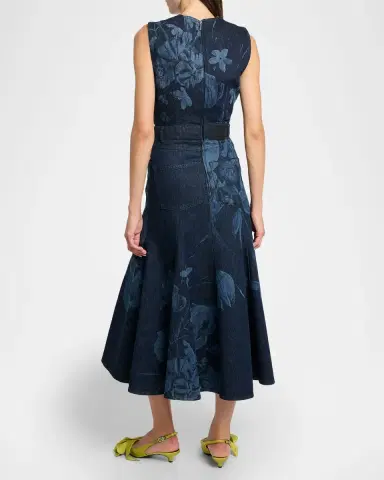Erdem Floral-Print Denim Sleeveless Flute Midi Dress | Thumbnail 3 Erdem Floral-Print Denim Sleeveless Flute Midi Dress | Thumbnail 3
