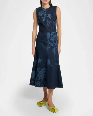 Erdem Floral-Print Denim Sleeveless Flute Midi Dress | Thumbnail 4 Erdem Floral-Print Denim Sleeveless Flute Midi Dress | Thumbnail 4