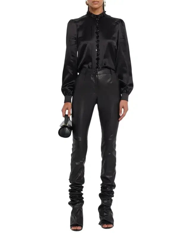 Elongated Skinny-Leg Leather Pants