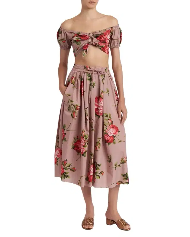 Rose-Print Cotton Circle Midi Skirt