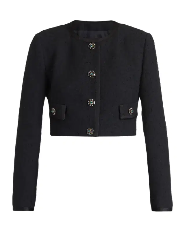 Crystal Button Boucle Crop Collarless Jacket