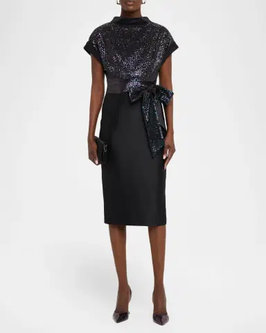 Badgley Mischka Sequin & Mikado Midi Sheath Dress | Thumbnail 2