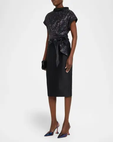 Badgley Mischka Sequin & Mikado Midi Sheath Dress | Thumbnail 4
