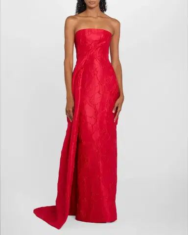 Monique Lhuillier Strapless Rose Jacquard Drape Column Gown | Thumbnail 2
