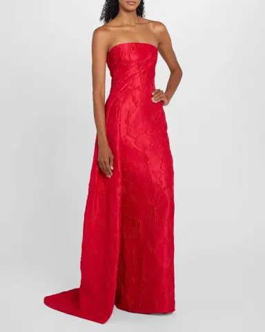 Monique Lhuillier Strapless Rose Jacquard Drape Column Gown | Thumbnail 4