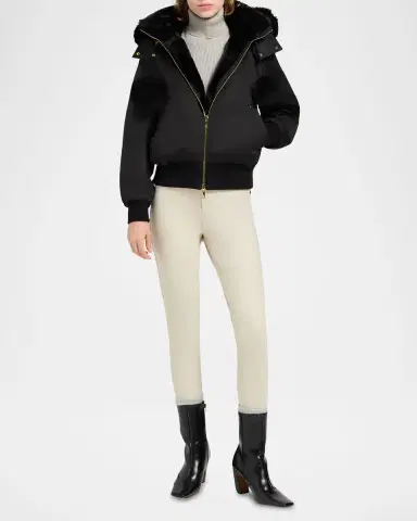 Moose Knuckles Debbie Satin Bomber Jacket with Removable Hood & Pom Poms | Thumbnail 2