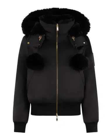 Moose Knuckles Debbie Satin Bomber Jacket with Removable Hood & Pom Poms | Thumbnail 1