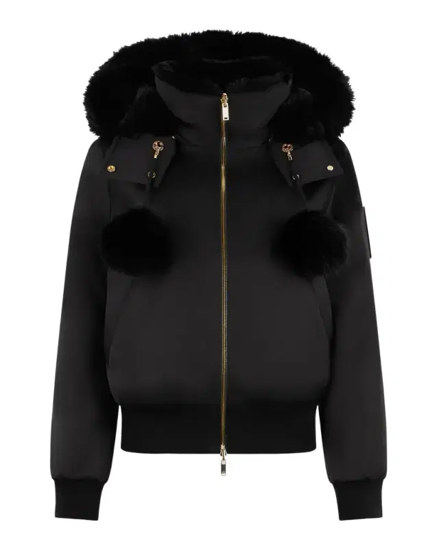 Moose Knuckles Debbie Satin Bomber Jacket with Removable Hood & Pom Poms