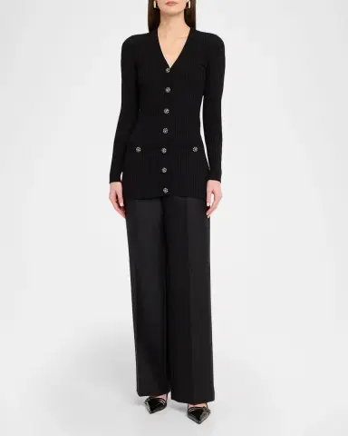 Dolce & Gabbana Crystal-Button Slim Wool Rib V-Neck Cardigan | Thumbnail 2 Dolce & Gabbana Crystal-Button Slim Wool Rib V-Neck Cardigan | Thumbnail 2