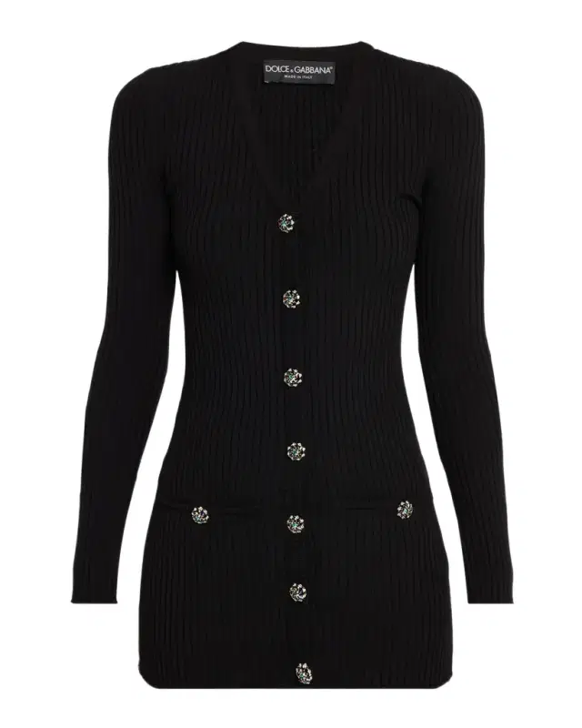 Crystal-Button Slim Wool Rib V-Neck Cardigan