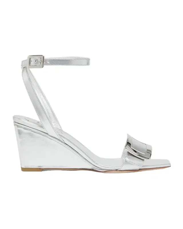60mm Belle Vivier Metallic Leather Wedge Sandals
