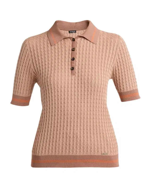 Cotton Cable Knit Short-Sleeve Polo Shirt