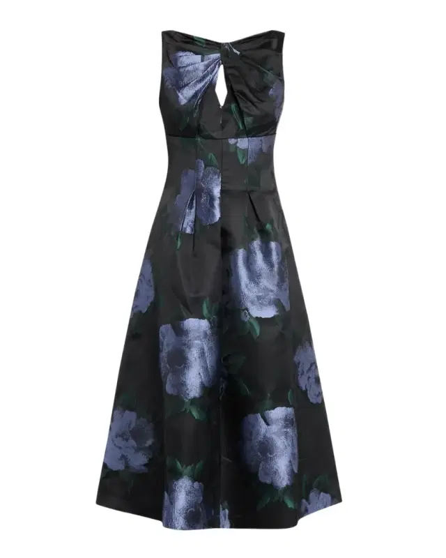 Kay Unger New York Mia Pleated Floral-Print Cutout Midi Dress