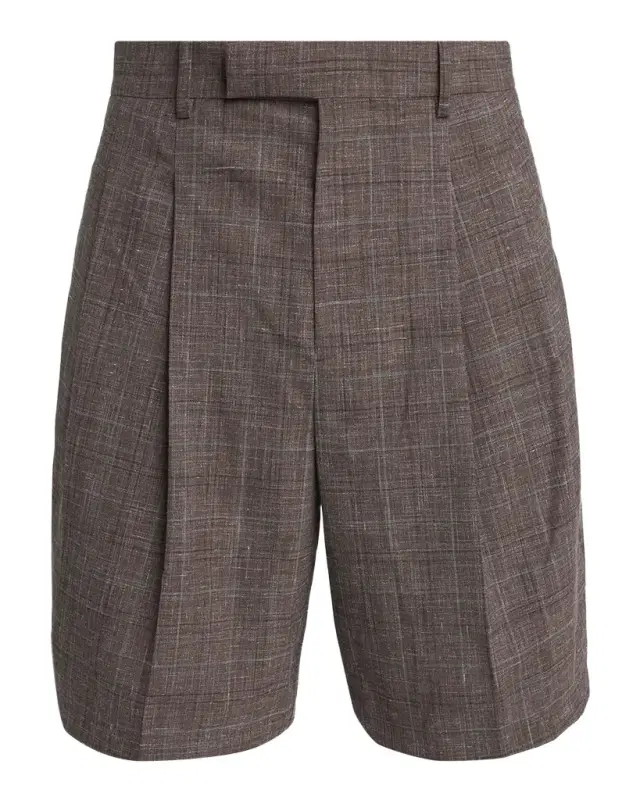 Men 's Plaid Wool and Linen Relaxed-Fit Pleated Shorts
