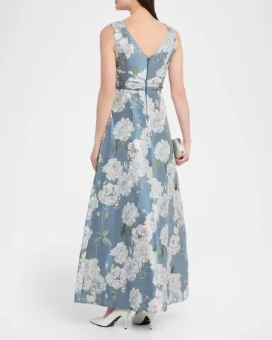 Kay Unger New York Lilianna Sleeveless Pleated Floral-Print Gown | Thumbnail 3 Kay Unger New York Lilianna Sleeveless Pleated Floral-Print Gown | Thumbnail 3