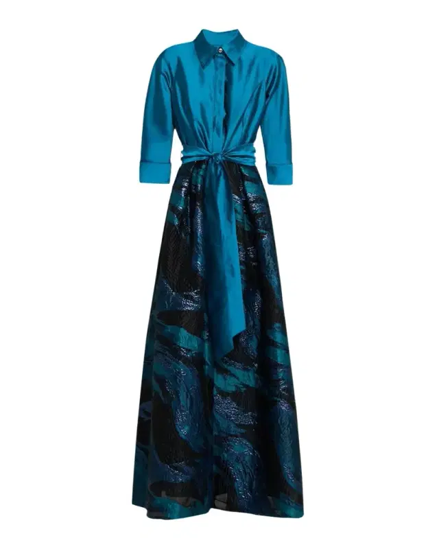 Rickie Freeman for Teri Jon Taffeta Feather-Patterned Shirt Gown