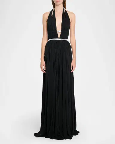 Alaïa Deesse Leather-Trimmed Pleated Jersey Gown | Thumbnail 2