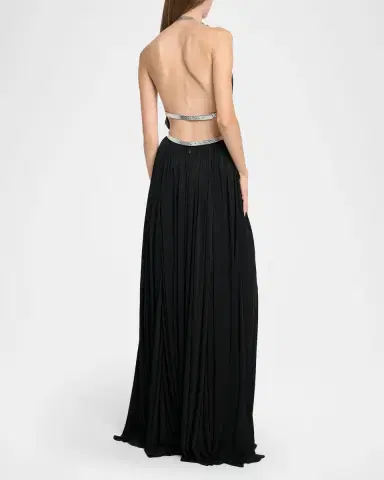 Alaïa Deesse Leather-Trimmed Pleated Jersey Gown | Thumbnail 3