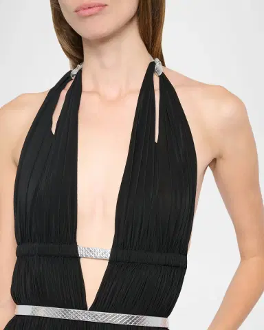 Alaïa Deesse Leather-Trimmed Pleated Jersey Gown | Thumbnail 5