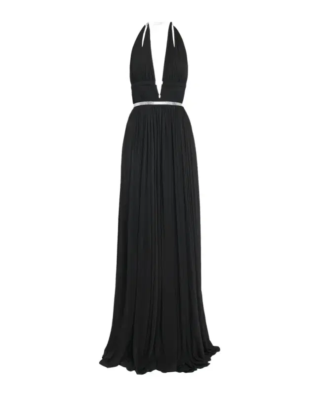 ALAIA Deesse Leather-Trimmed Pleated Jersey Gown