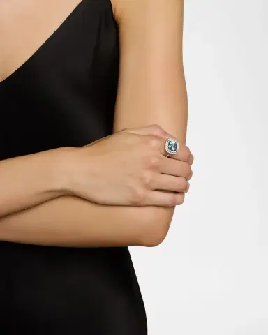 NM Estate Estate Tiffany Soleste Platinum Aquamarine and Diamond Double Row Cushion Ring, Size 6 | Thumbnail 2