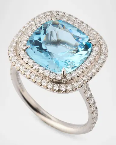 NM Estate Estate Tiffany Soleste Platinum Aquamarine and Diamond Double Row Cushion Ring, Size 6 | Thumbnail 3