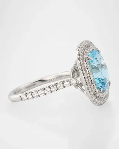 NM Estate Estate Tiffany Soleste Platinum Aquamarine and Diamond Double Row Cushion Ring, Size 6 | Thumbnail 4