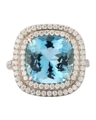 NM Estate Estate Tiffany Soleste Platinum Aquamarine and Diamond Double Row Cushion Ring, Size 6 | Thumbnail 1