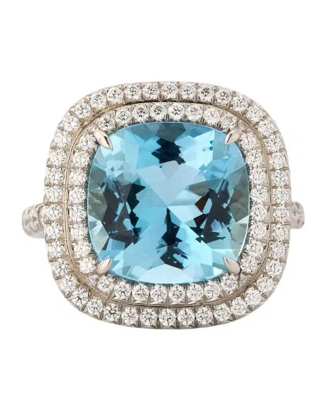 Estate Tiffany Soleste Platinum Aquamarine and Diamond Double Row Cushion Ring, Size 6