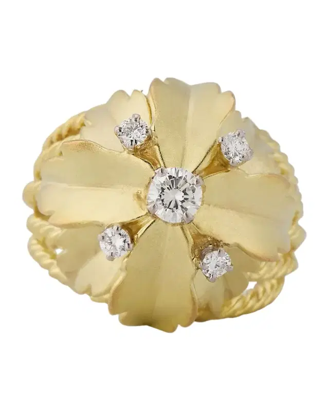 Estate 14K Yellow Gold Diamond Floral Leaf Rope Shank Ring, Size 6.5