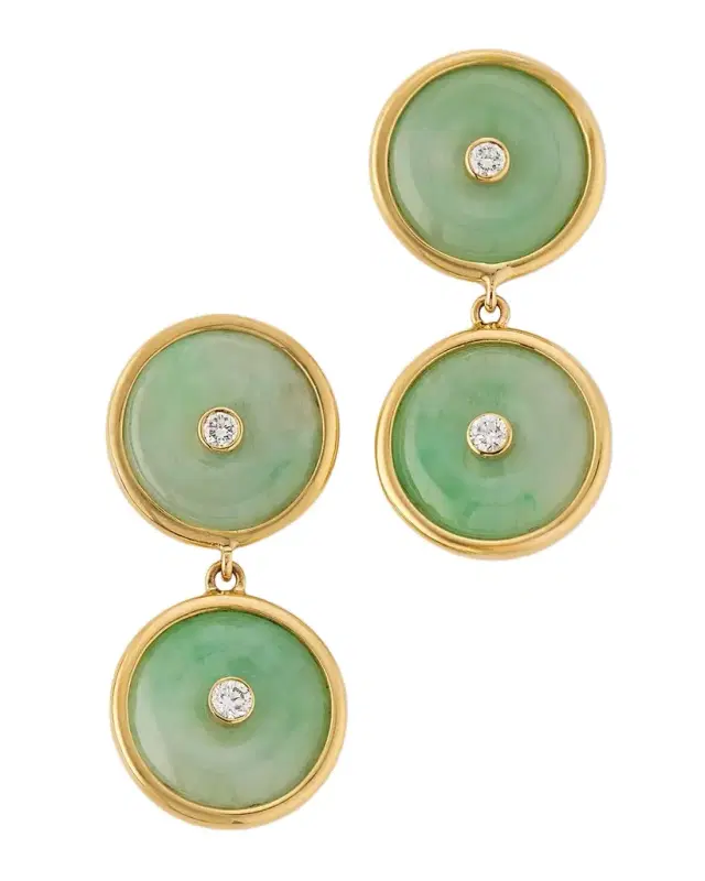 Estate 18K Yellow Gold Jadeite Diamond Bezel Set Dangle Drop Earrings