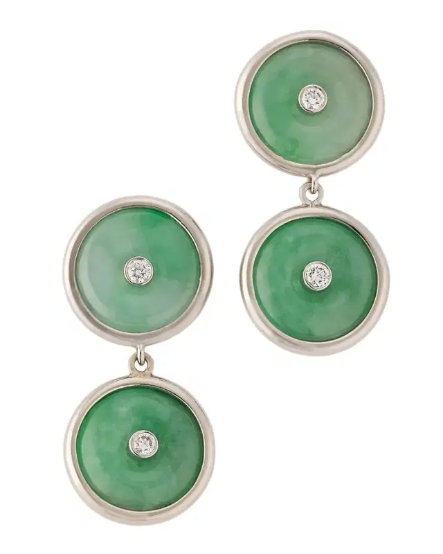 Estate Platinum Jadeite Diamond Bezel Set Dangle Drop Earrings