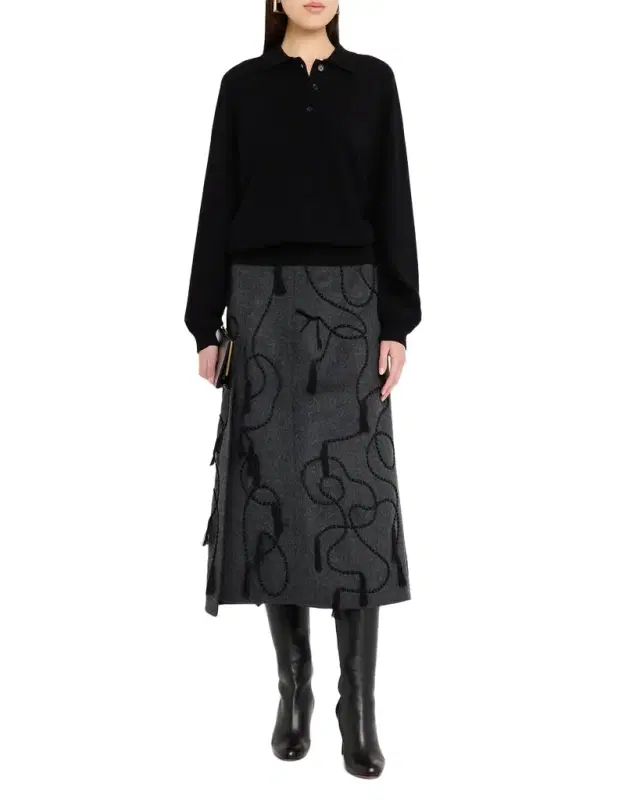 Tassel Embroidered Wool-Cashmere Midi Skirt