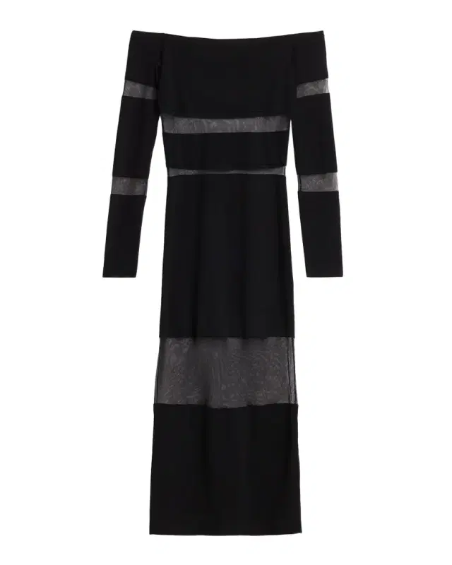 Off-The-Shoulder Sheer Striped Matte Viscose Midi Dress