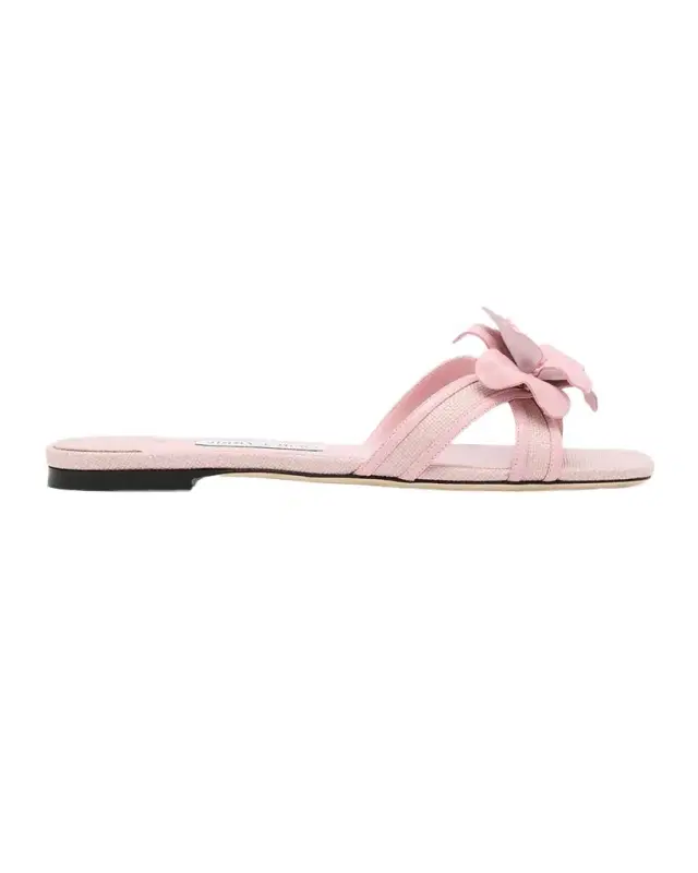 Jimmy Choo Delani Flower Raffia and Leather Flat Slide Sandals