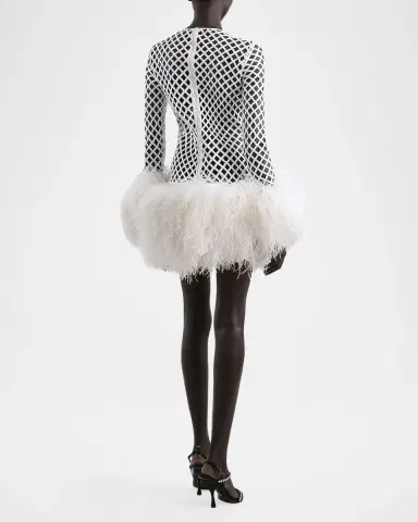 Dolce & Gabbana Feather-Trim Sequined Fishnet Long-Sleeve Mini Dress | Thumbnail 3 Dolce & Gabbana Feather-Trim Sequined Fishnet Long-Sleeve Mini Dress | Thumbnail 3