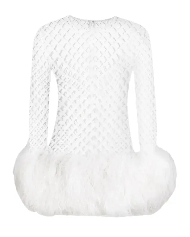 Feather-Trim Sequined Fishnet Long-Sleeve Mini Dress
