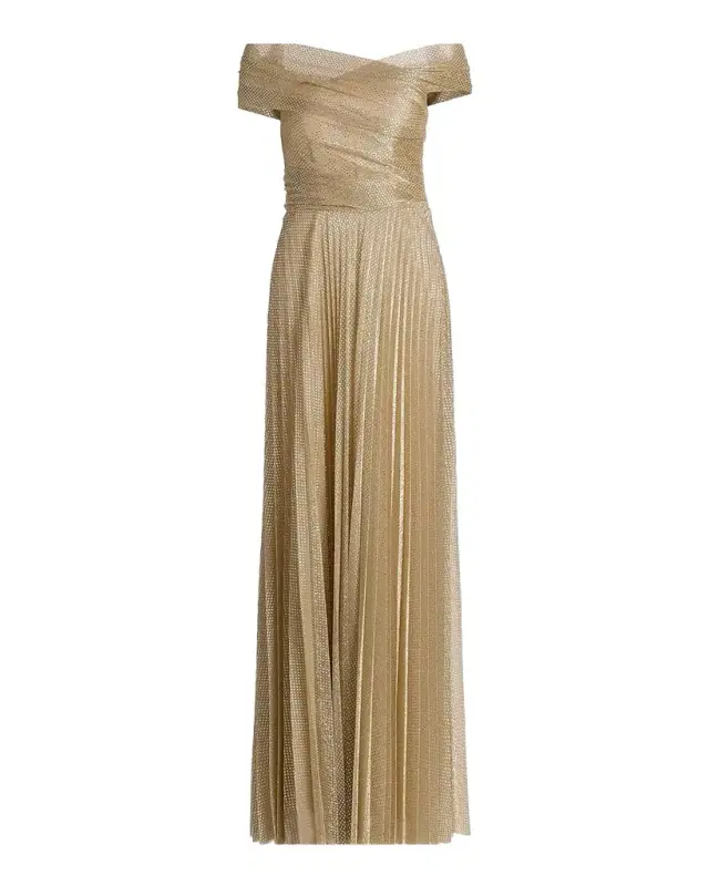 Talbot Runhof Metallic Pin Dot Pleated Off-The-Shoulder Gown
