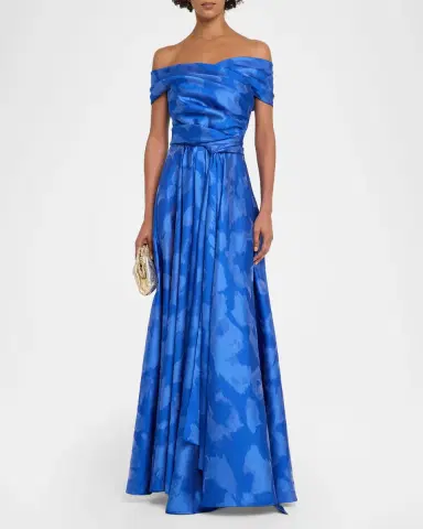 Talbot Runhof Off-The-Shoulder Draped Floral Jacquard Gown | Thumbnail 2