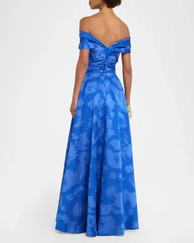 Talbot Runhof Off-The-Shoulder Draped Floral Jacquard Gown | Thumbnail 3