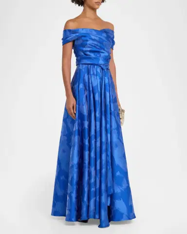 Talbot Runhof Off-The-Shoulder Draped Floral Jacquard Gown | Thumbnail 4