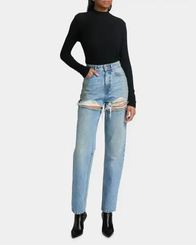 AREA Crystal Frayed Slit Barrel-Leg Jeans | Thumbnail 2