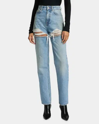 AREA Crystal Frayed Slit Barrel-Leg Jeans | Thumbnail 4