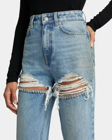 AREA Crystal Frayed Slit Barrel-Leg Jeans | Thumbnail 5