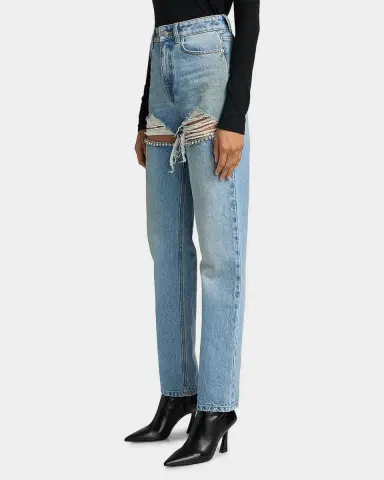 AREA Crystal Frayed Slit Barrel-Leg Jeans | Thumbnail 7