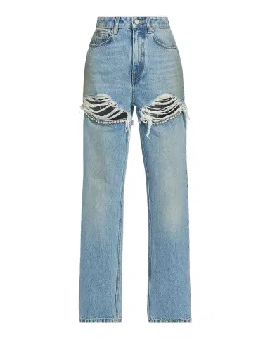 AREA Crystal Frayed Slit Barrel-Leg Jeans | Thumbnail 1