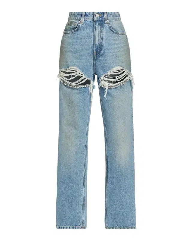 Crystal Frayed Slit Barrel-Leg Jeans
