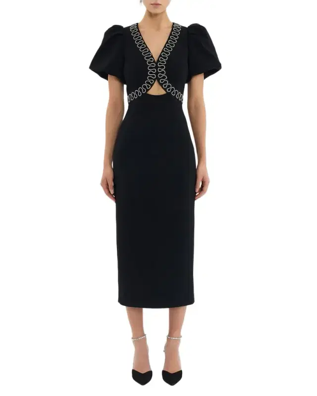 Nyx Puff-Sleeve Diamante Cutout Midi Dress