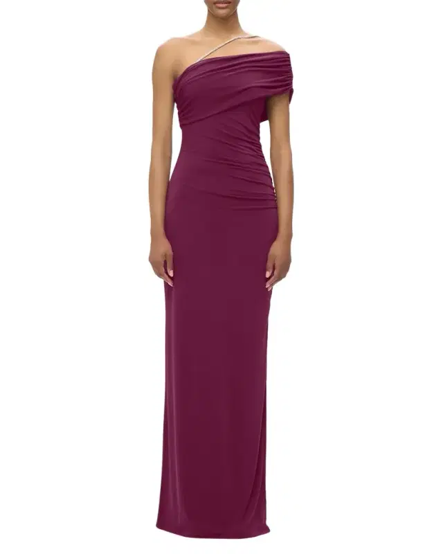 Crystal Strap Ruched One-Shoulder Gown