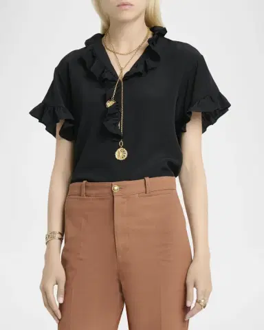 Chloé Ruffle Short-Sleeve Silk Crepe De Chine Top | Thumbnail 4